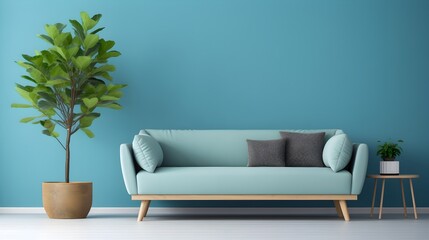 interior living room, sofa and plants against blue wall, generative AI.