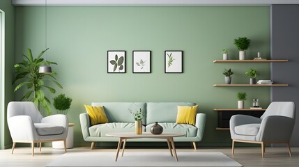 Modern living room with furniture's and 3 art posters, decoration on the green wall, generative AI.