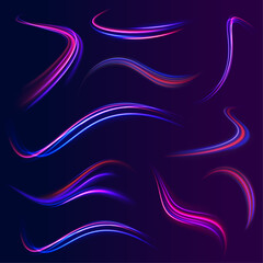 Neon line as speed or arc, turn, twist, bend in light effect. Light arc in neon colors, in the form of a turn and a zigzag. Expressway in long delay, with car lights at night on autobahn. 