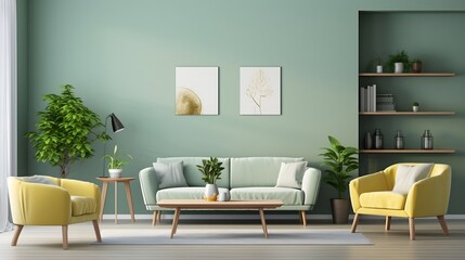 Modern living room with furniture's and 2 art posters, decoration and plants against the green wall, generative AI.