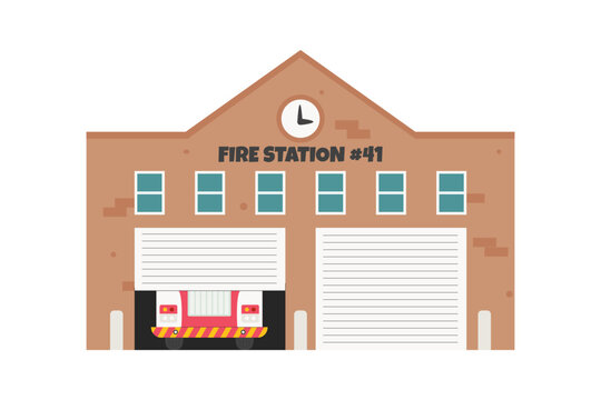 Red fire engine truck standing in garage. Emergency service vehicle inside fire station. security transport in firehouse building. Architectural hand drawn flat vector illustration isolated on white