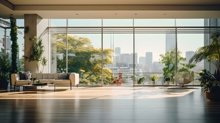Wide interior modern empty living room with sofa and plants, wooden floor, city view out side, generative AI.