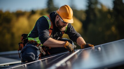 Naklejka premium handyman installing solar panels on the rooftop.male worker in protective helmet and uniform working on roof with solar panels against.Production of renewable energy and solar roof top concept.