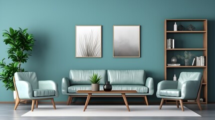 Home living room with furniture's and decoration against green wall, generative AI.
