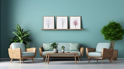 Home living room with furniture's and decoration against light green wall, generative AI.