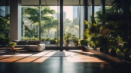 Modern Minimalism meets Nature: Wide Interior Living Room with Wooden Floor and Plants, skyscrapers view outside, generative AI.