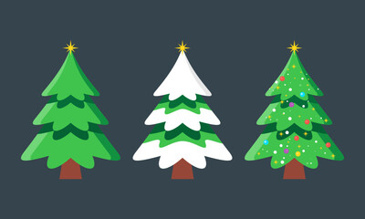 Cartoon Decorated Christmas Trees Collection with Balls, Stars, and Garland Fir Trees Illustration
