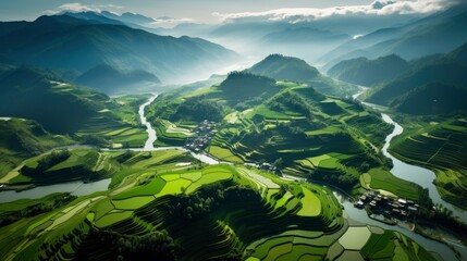 An aerial view of a vast and lush rice field, Generative AI