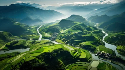 Papier Peint photo autocollant Rizières An aerial view of a vast and lush rice field, Generative AI