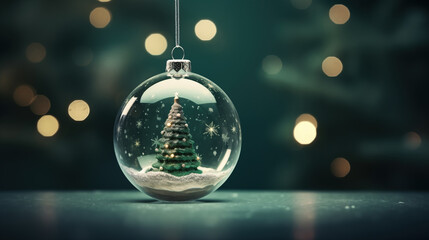 Fototapeta na wymiar Beautiful glass ball with Christmas tree on snow in the background bokeh lights, Bokeh effect, copy space, generative ai