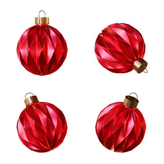 Set of four red realistic Christmas ball ornaments. 3d render. Festive baubles with rombus texture isolated on a transparent background. Origami metallic Xmas tree toys.