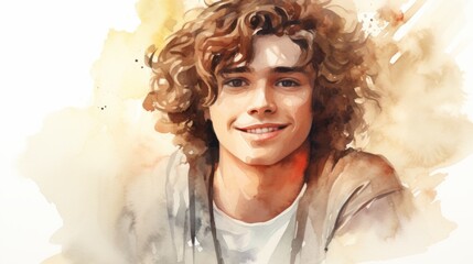 Smiling Teen White Man with Brown Curly Hair Watercolor Illustration. Portrait of Casual Person on white background with copy space. Photorealistic Ai Generated Horizontal Illustration.