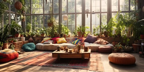 AI Generated. AI Generative. Modern vintage boho style living room architecture design interior with color sofa and many plants. Graphic Art - obrazy, fototapety, plakaty