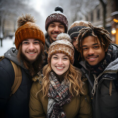 Group of friends having fun outdoors in winter, young multinational people walking in the park and having a great time
