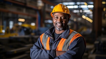Portrait of a happy African American factory worker wearing hard hat and work clothes standing besides the production line.Factory worker wearing a safety helmet