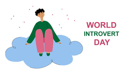 World Introvert Day hand drawn flat vector illustration.Drawn lonely introvert character sitting on a cloud. Holiday concept for 2 January design template for background, banner, card, poster, print