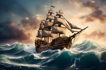 Fototapeta premium Old pirate ship sailing on the sea with big waves and in cloudy weather. 3D rendered, AI generated.