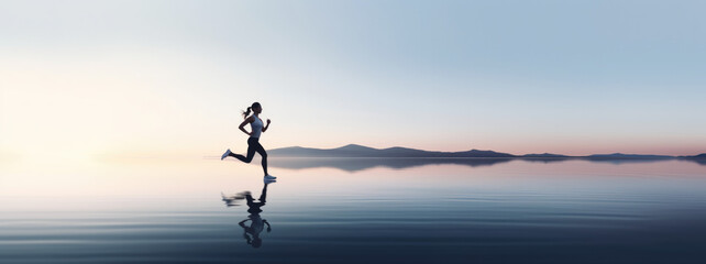 young woman running in a serene and minimalist landscape, panorama sport banner, pro training in nature for a marathon, motivation concept wallpaper, soft sky - obrazy, fototapety, plakaty