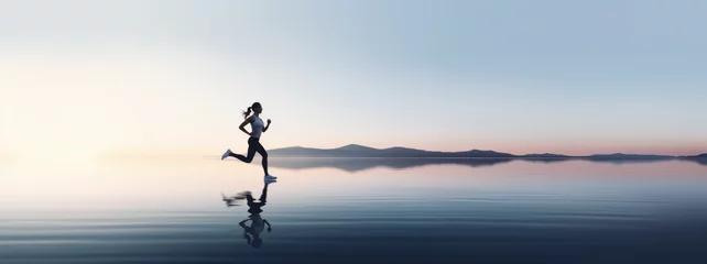 Foto op Canvas young woman running in a serene and minimalist landscape, panorama sport banner, pro training in nature for a marathon, motivation concept wallpaper, soft sky © kiddsgn