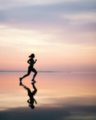 Woman Running Across a Serene Body of Water, soft sky with pink and orange cloud, silhouette of a person training on a sunset