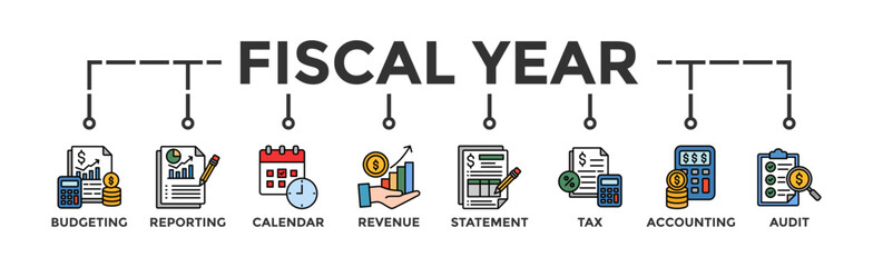 Fiscal year banner web icon vector illustration concept with icon of budgeting, reporting, calendar, revenue, statement, tax, accounting, audit