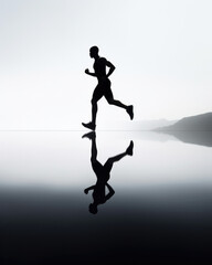 Runner's Journey Across the Vast Expanse of Water, silhouette of an athletic man training for the marathon, water reflection, black and white minimalist landscape in background, original sport banner