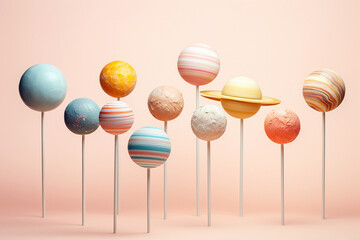 Naklejka premium Lollipop candies as planets of solar system. Astronomy themed sugar sweets. Colorful lollipops in shape of planets. Imagination, sweet tooth, space travel and future concept, copy space for text