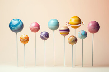 Lollipop candies as planets of solar system. Astronomy themed sugar sweets. Colorful lollipops in...