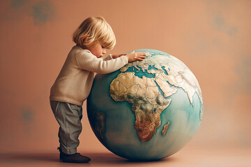 Child hugging planet Earth model. World heritage, environment protection, Earth day, ecology, world without war concept. Embracing the Earth globe, peace and love, sweet dreams, happy childhood theme - obrazy, fototapety, plakaty