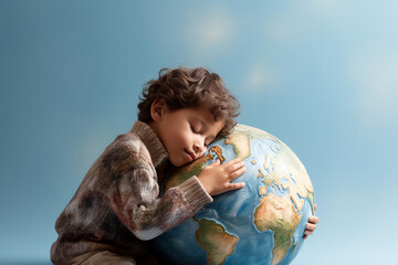 Child hugging planet Earth model. World heritage, environment protection, Earth day, ecology, world without war concept. Embracing the Earth globe, peace and love, sweet dreams, happy childhood theme
