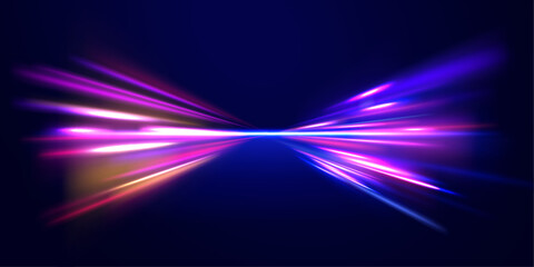 Lines in the shape of a comet against a dark background. Illustration of high speed concept. Motion light effect for banners. Curved light trail stretched upward. Fast speed car. 