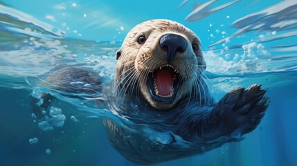 funny otter playing in the water generative ai