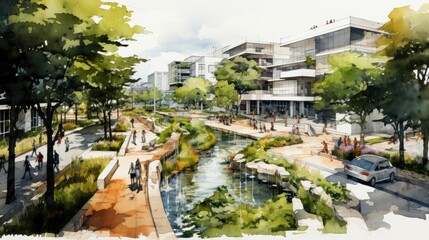 Fototapeta na wymiar hand drawing of Urban planning sketch highlighting sustainable, Generative AI