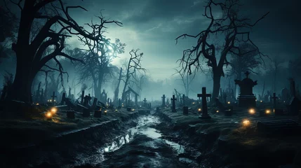 Fotobehang A Spooky Cemetery Background With Gothic Crosses on One Side and foggy Background © Image Lounge