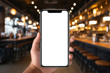 Smartphone mockup bar, close-up of Caucasian male hand holding mobile phone with white blank screen in pub - obrazy, fototapety, plakaty