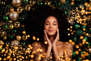 Top flatlay photo of gorgeous stunning lady touch skin care with new christmas magic miracle balm season festive sales - obrazy, fototapety, plakaty