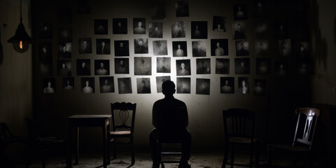 Solitary Figure Contemplating a Wall of Haunting Monochromatic Portraits in Dimly Lit Room