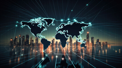 The illuminated outlines of continents stand against a digital backdrop , underscoring the world's interconnected. The radiant skyscrapers of a metropolis on background.