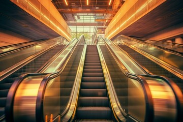 A subway station escalator with blurred images of the escalator and the background. Generative AI