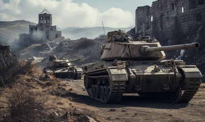 Tanks in ruined city street. Destroyed town with collapsing structures after war.