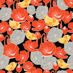 seamless pattern with  beautiful poppy in vintage style, botanical background  - 667747339