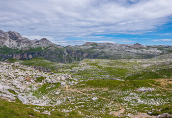 scenic panorama of the Dolomite mountains in summer