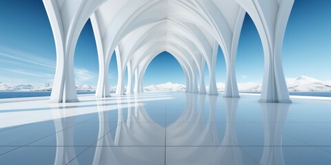 White architectural design,futuristic white arched interior 3d render,Modern white...