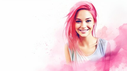 Smiling Teen White Woman with Pink Straight Hair Watercolor Illustration. Portrait of Casual Person on white background with copy space. Photorealistic Ai Generated Horizontal Illustration.
