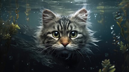 illustration of gray cat in the water generative ai