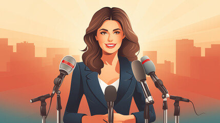 illustration of A female journalist is reporting news, holding a microphone and looking into the camera - obrazy, fototapety, plakaty