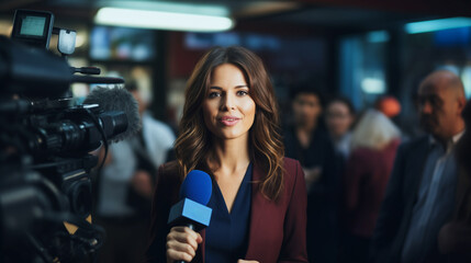 A female journalist is reporting news, holding a microphone and looking into the camera