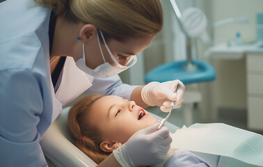 Fototapeta premium A young girl sits in the dentist's chair, holding her mother's hand. The dentist smiles at her reassuringly as he examines her teeth