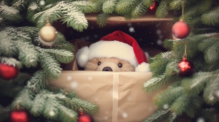 Happy stuffed brown bear toy with fluffy fur coat and dressed like a cute Christmas santa claus, surrounded by wrapped gifts and wonderful presents underneath snowy Xmas Tree. Wonderful joyous time. 