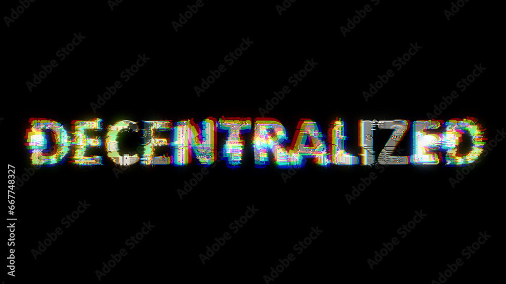 Poster glitch and chromatic aberrations cybernetical text decentralized on black, isolated - object 3d rend